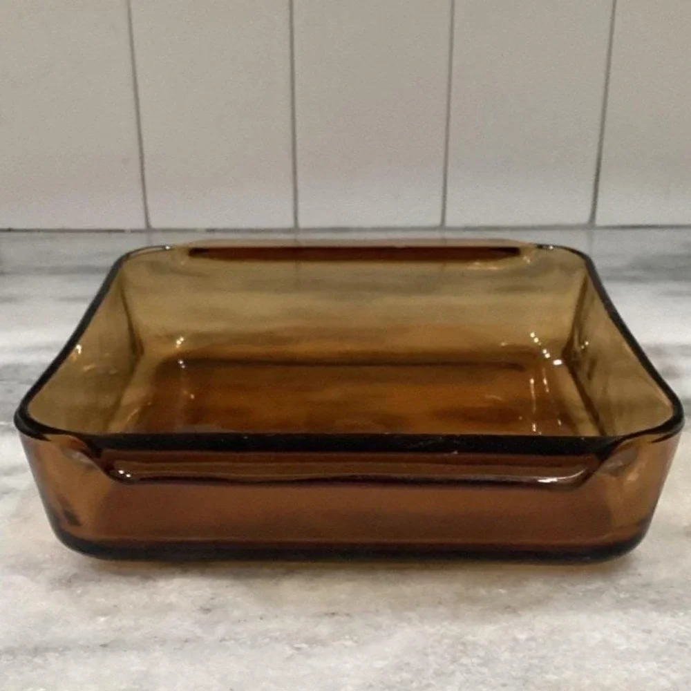 Anchor Hocking Fire-King Square Amber Baking Dish #435, Vintage Brown Bakeware‎